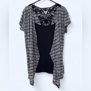 No Boundaries Striped Short Sleeve Tank/Cardigan Layer Top in Gray/Black Size XL
